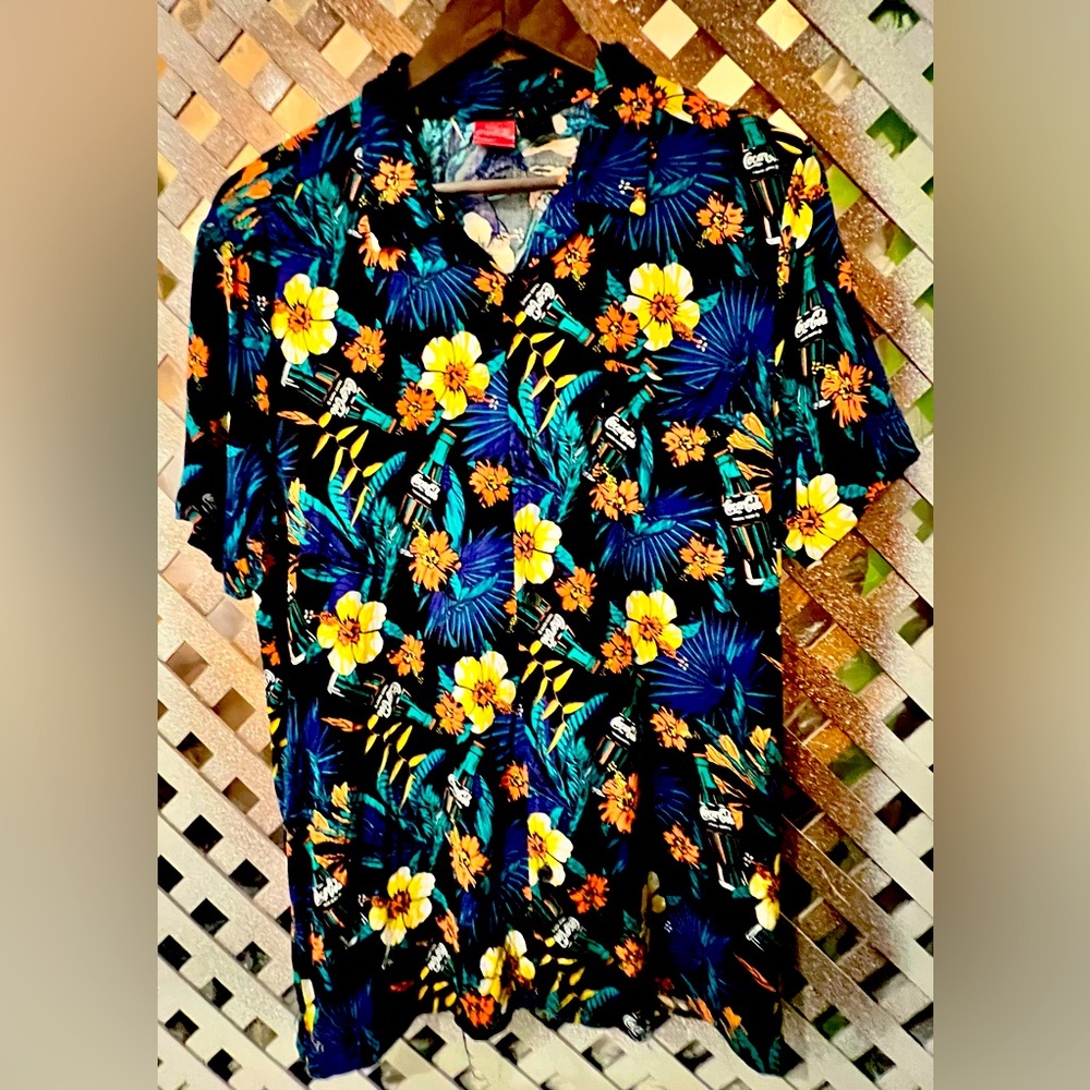 Hawaiian Men's Shirt - Black Yellow Tropical Enjoy Coca-Cola Coke size large